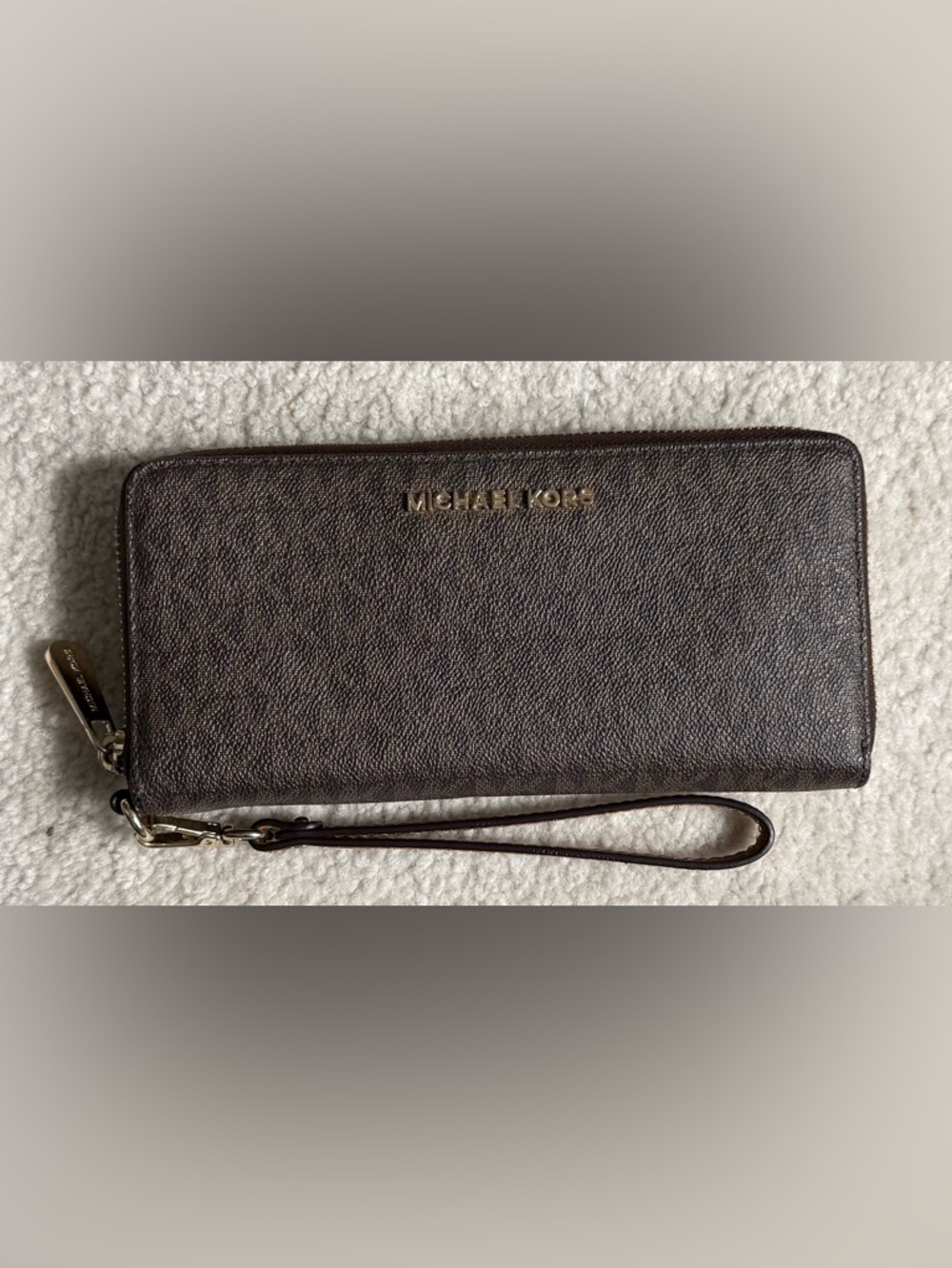 Michael Kors Dark Brown Leather Zip Wristlet Wallet with Gold Logo
